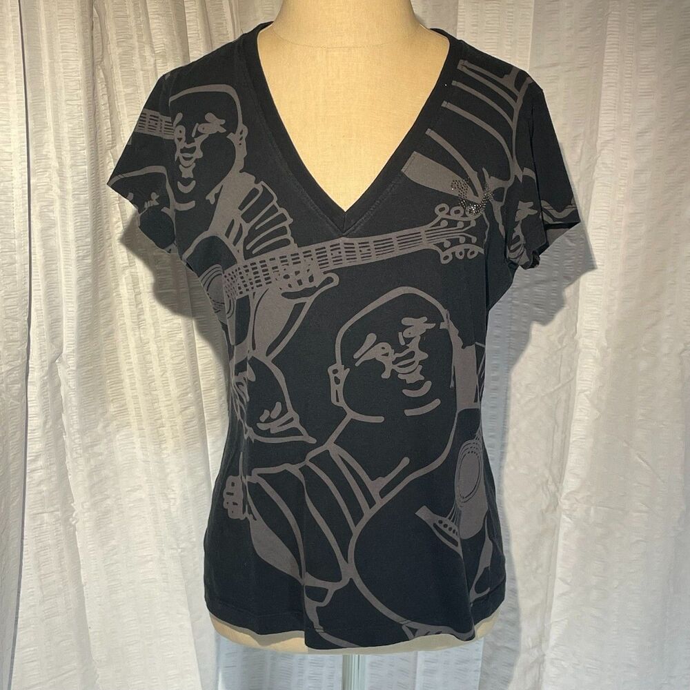 True Religion Womens Med Buddha Guitar Rhinestone V Neck Graphic Tee Black Y2K